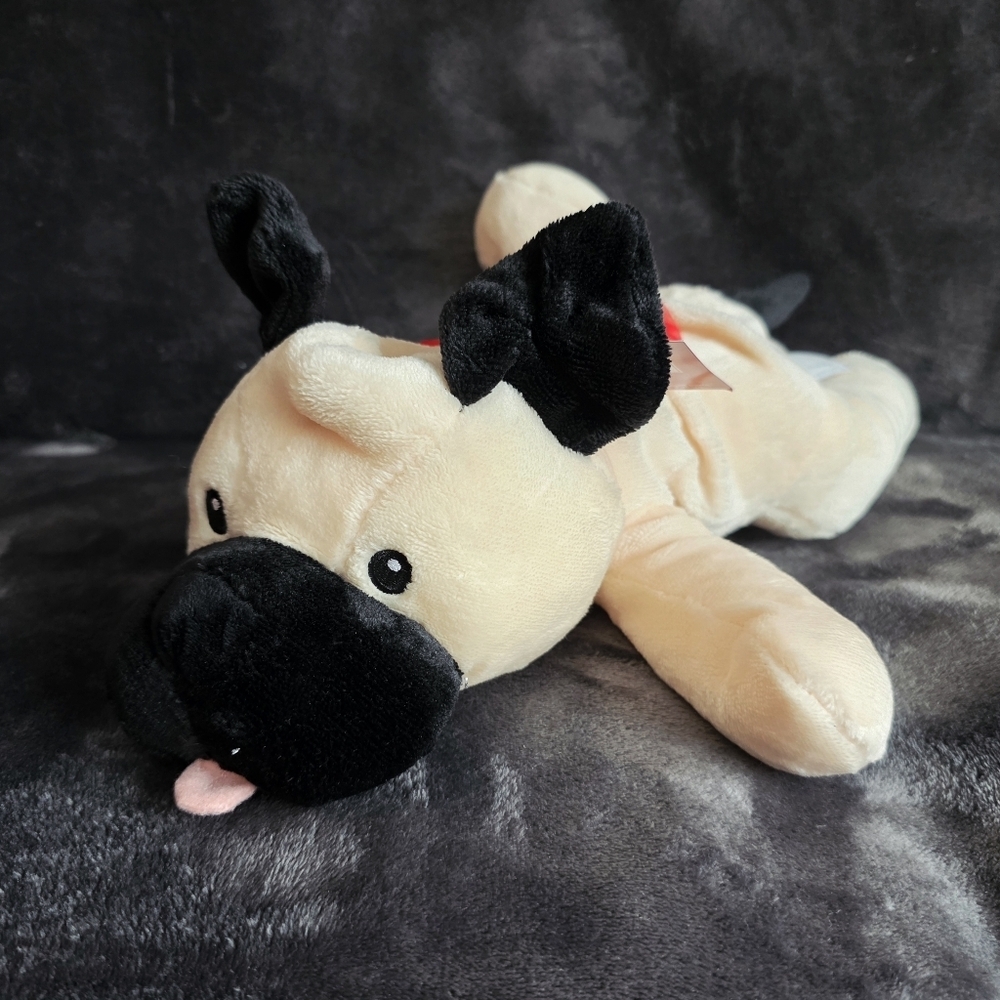 16" Christmas Pug Dog Laying Down Plush toy by Holiday Time, cream & black
